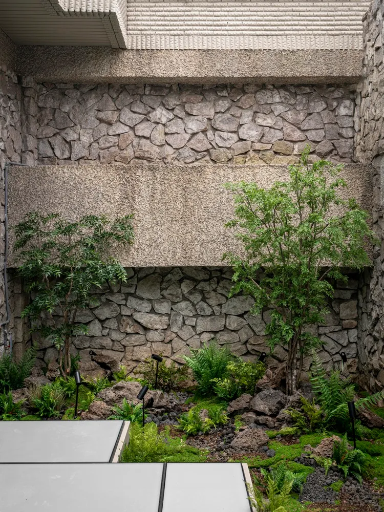 A serene indoor space with a stone wall covered in plants, a bench, and multiple potted plants of various sizes