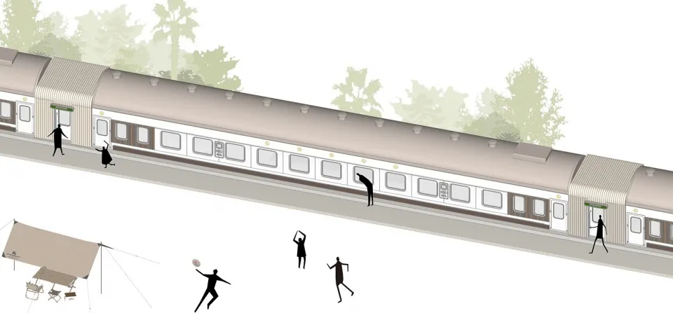 A lively scene of people playing baseball on a train platform, capturing a moment of socialization and fun