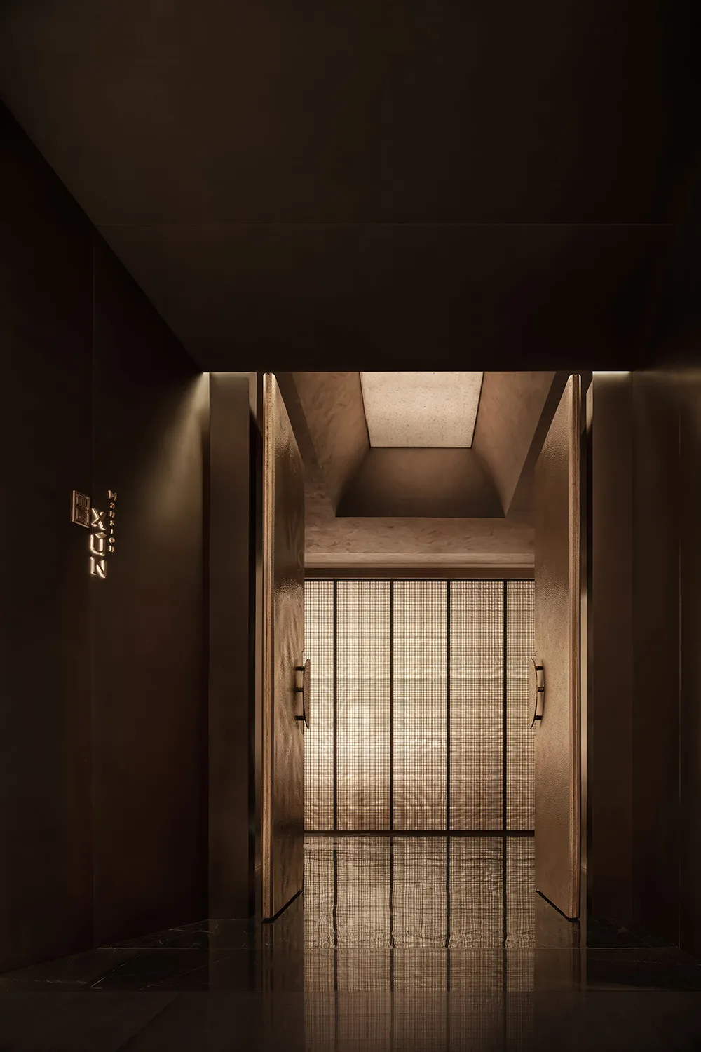 Wooden hallway with two doors and a window, providing natural light