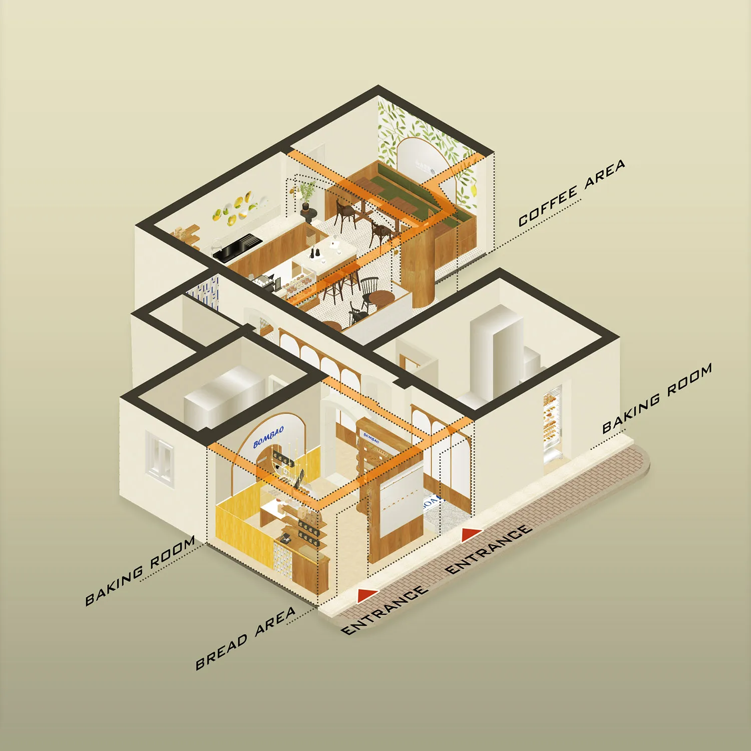 Architectural rendering of a modern home interior with wooden floors and walls, featuring a kitchen, dining area, living room, and bedroom, with chairs and potted plants