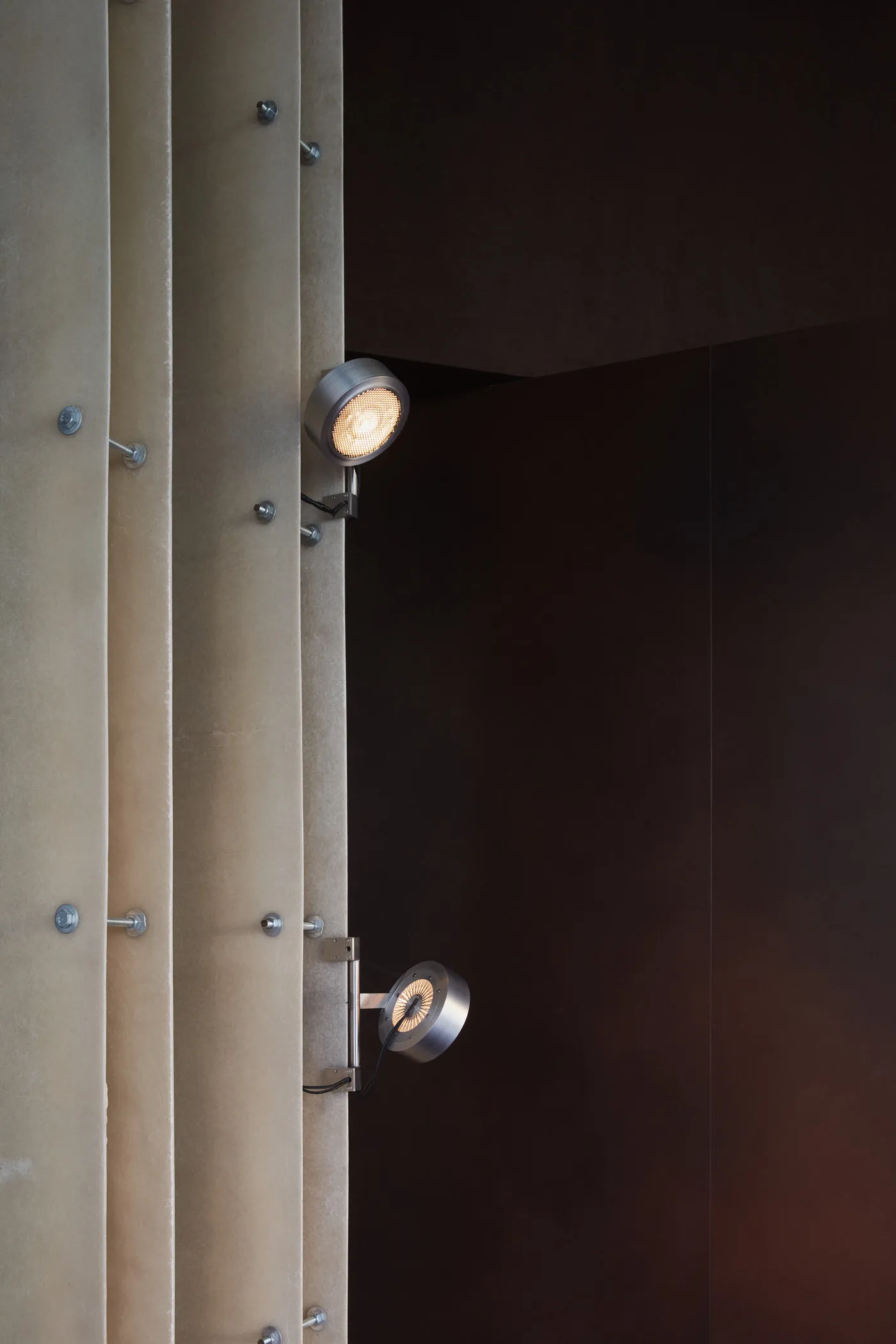 Dark hallway with two wall-mounted lights and a closed door, illuminated by the lights