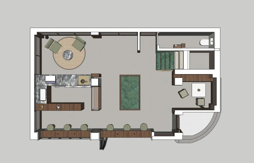 A modern living space with a dining table, chairs, couches, and a sink, featuring potted plants and dim lighting