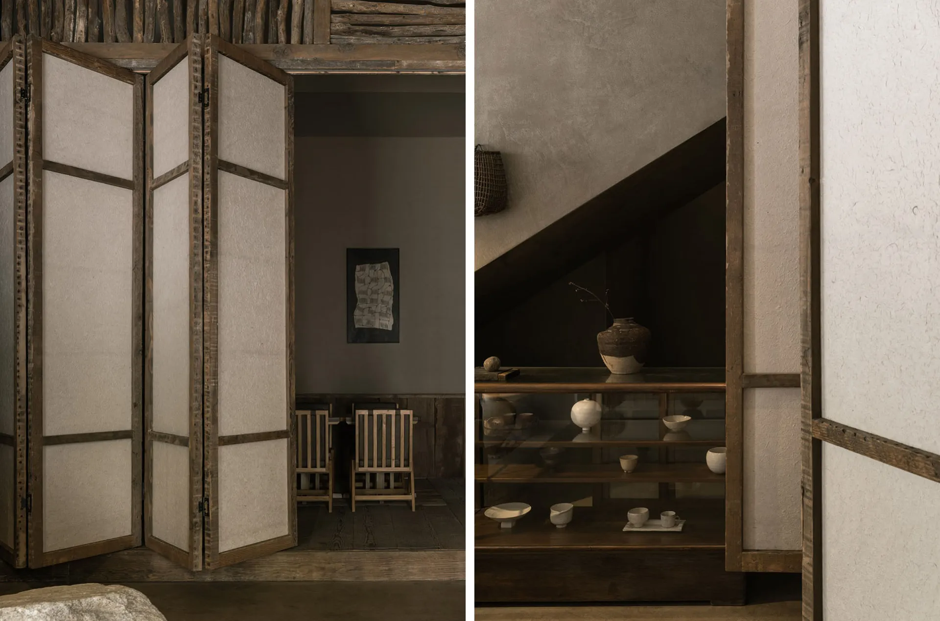 Cozy living space with a dining area, wooden door, and staircase, featuring a glass table, wooden accents, and comfortable seating