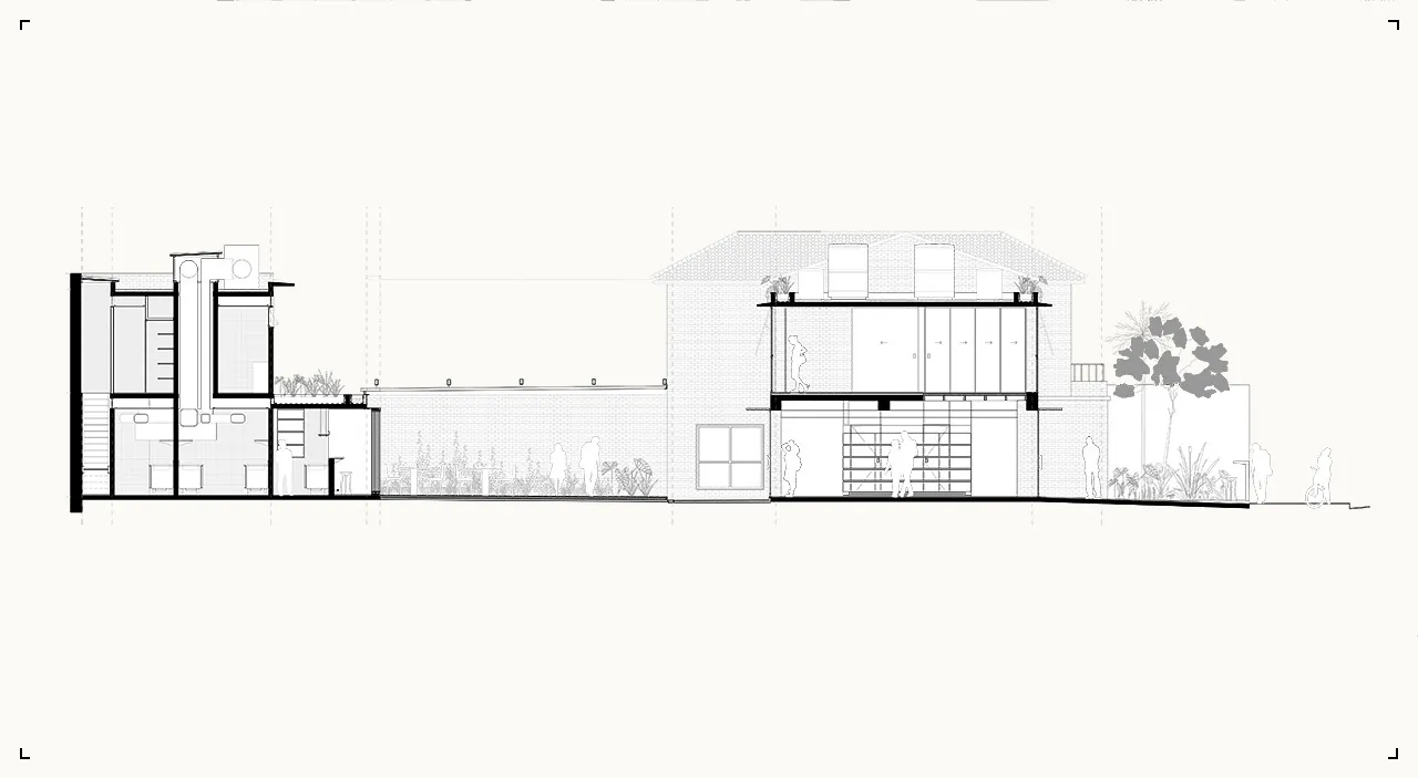 Architectural rendering of a modern house with a white exterior, open living area, and backyard patio, featuring people in a comfortable and inviting atmosphere