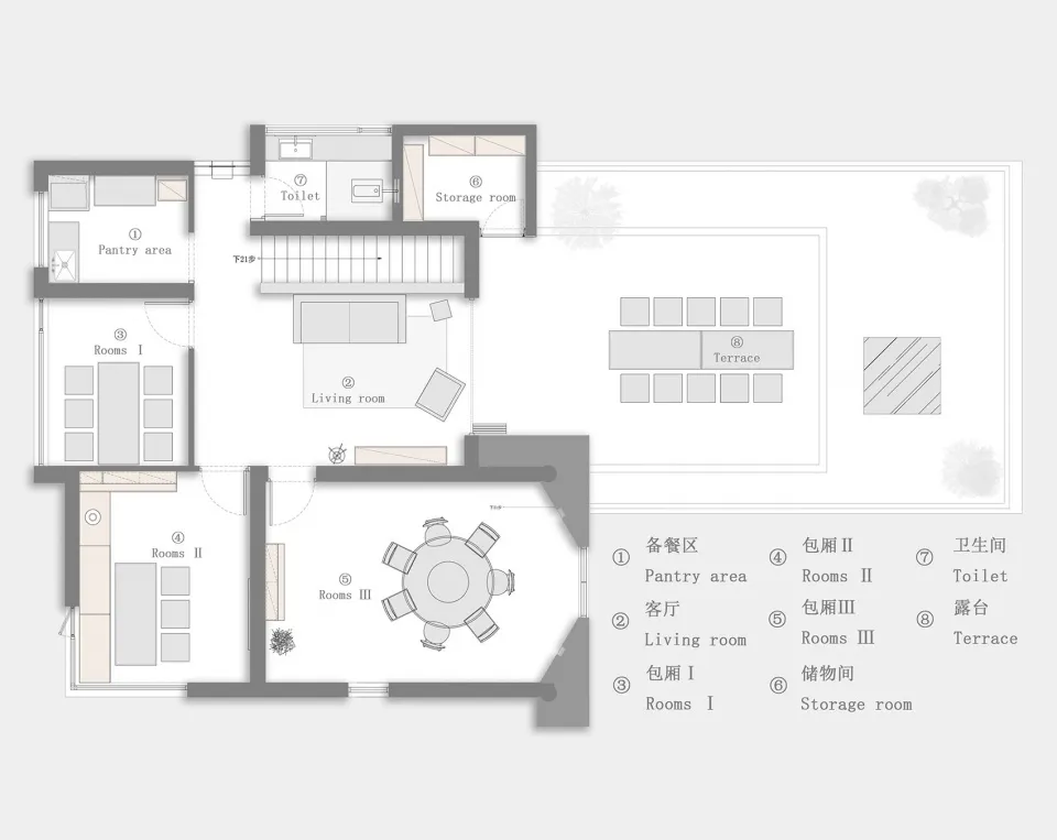3D architectural rendering of a house with a mix of styles, featuring a living room, dining area, kitchen, and storage room