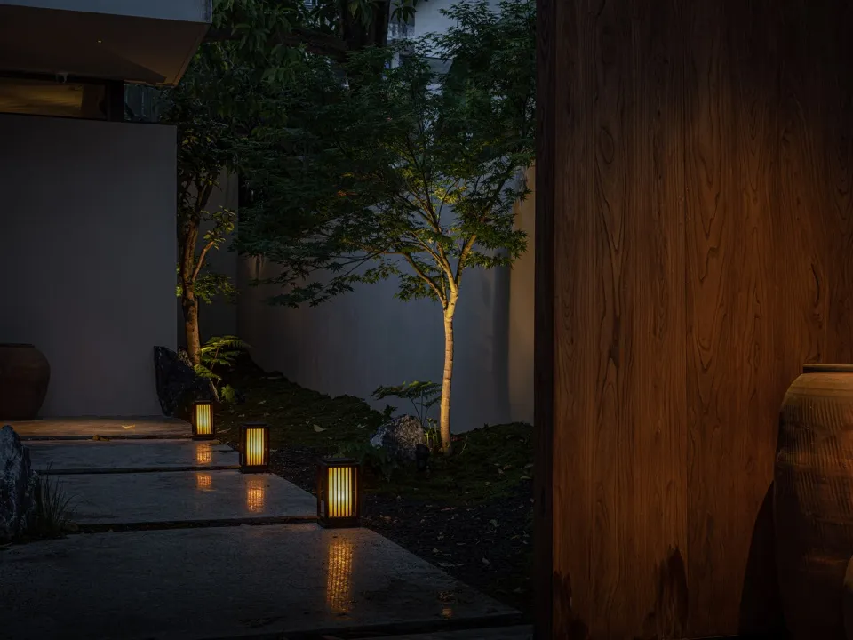 A well-lit outdoor area with a wooden fence, two trees, and a wall in the background