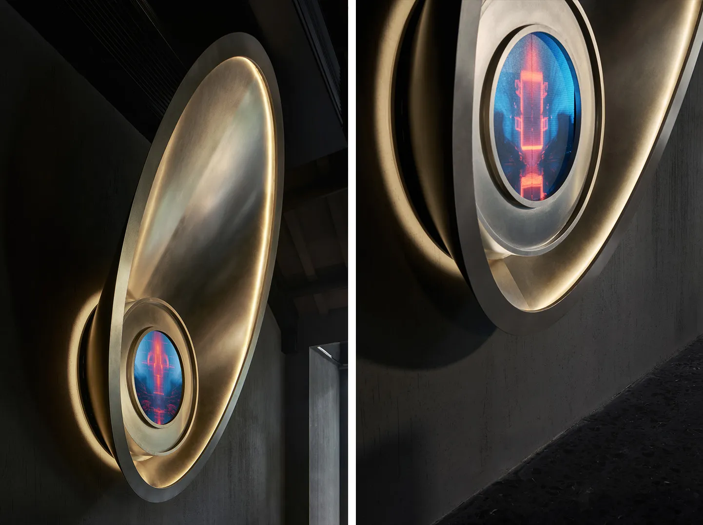 An artistic installation featuring a circular metal object with a red glow emanating from its center, viewed from above and below