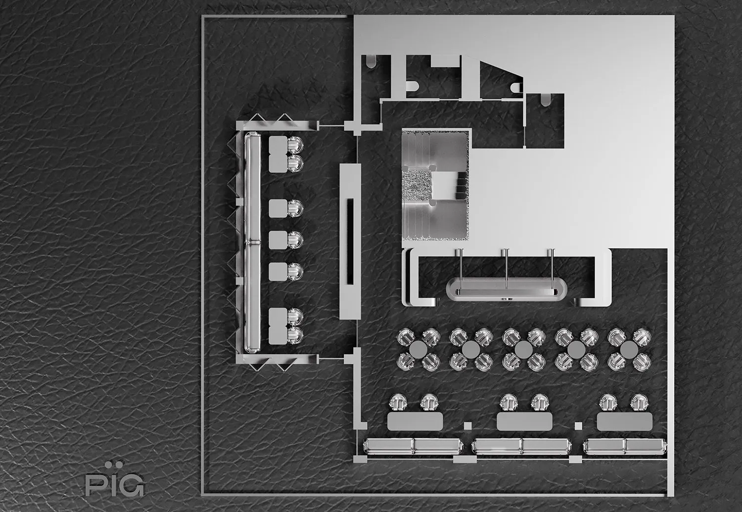現代餐廳的 2D 平面圖，採用鋼鐵與玻璃牆面及天花板，設有多張餐桌椅，日間照明