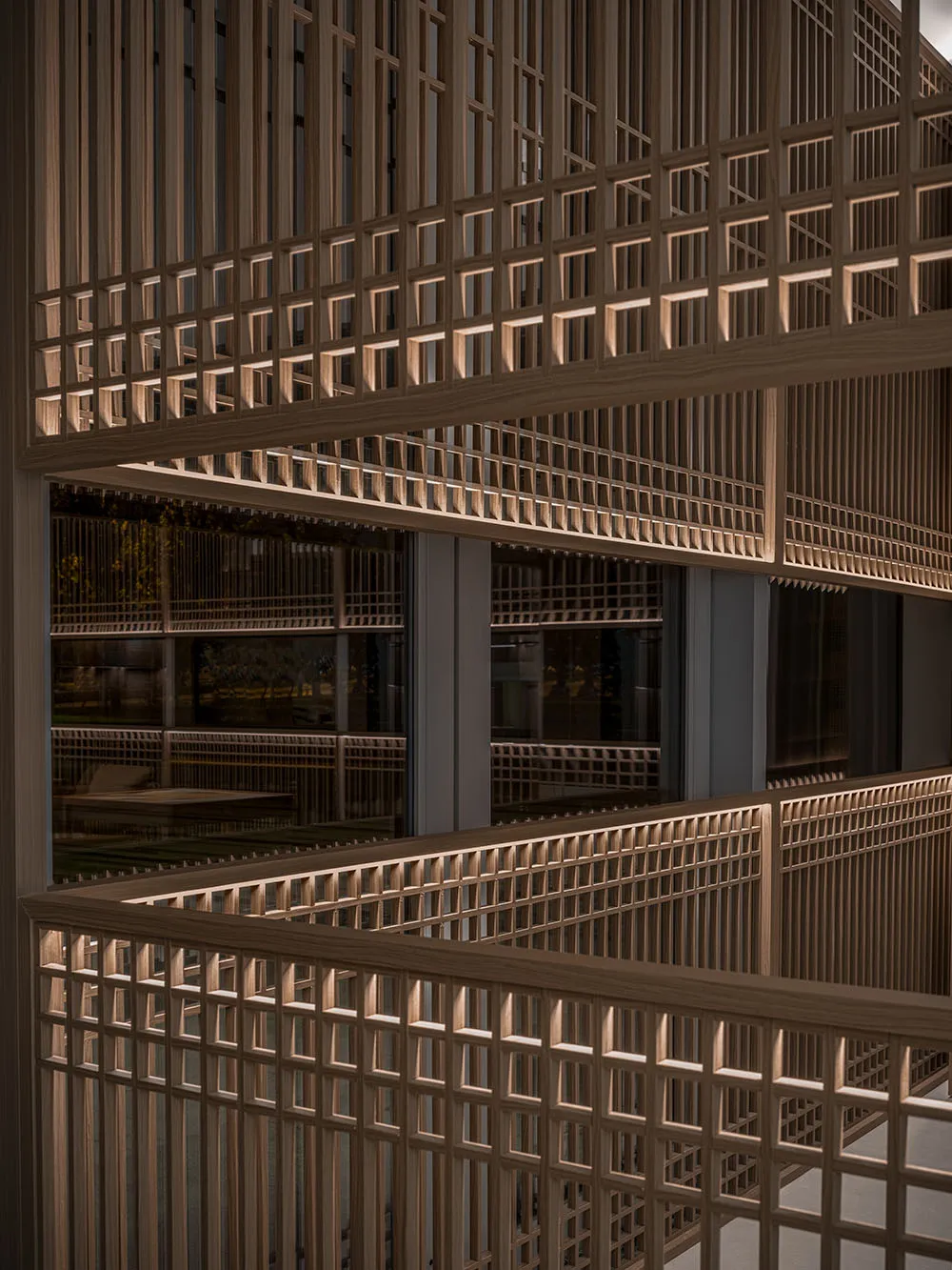 A multi-level building with wooden walls and floors, featuring windows and a blend of traditional and modern elements