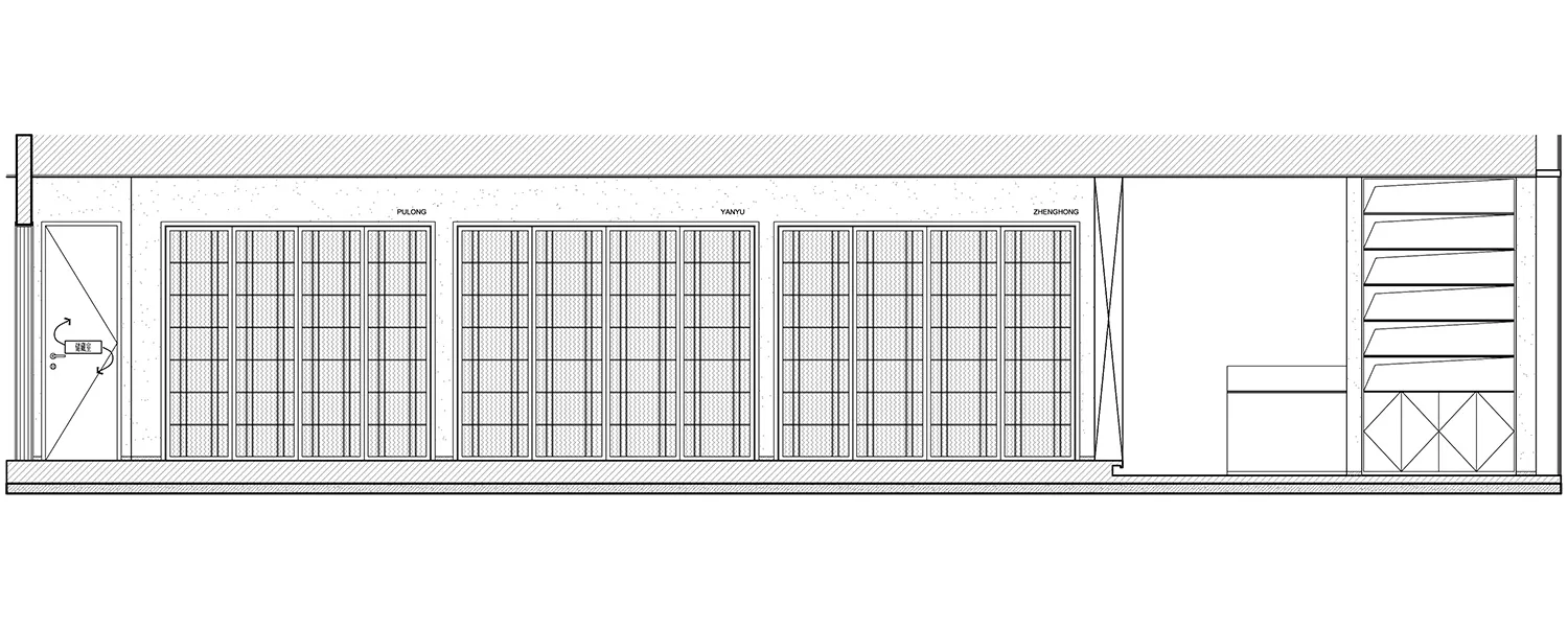 2D floor plan of a modern storage facility with multiple rooms lined up in a row, featuring white linework and labels, emphasizing vertical lines and depth