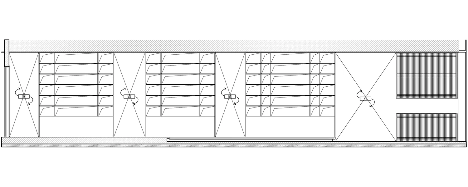 Architectural drawing of a study with a large bookshelf filled with neatly arranged books, showcasing a focus on functionality and organization