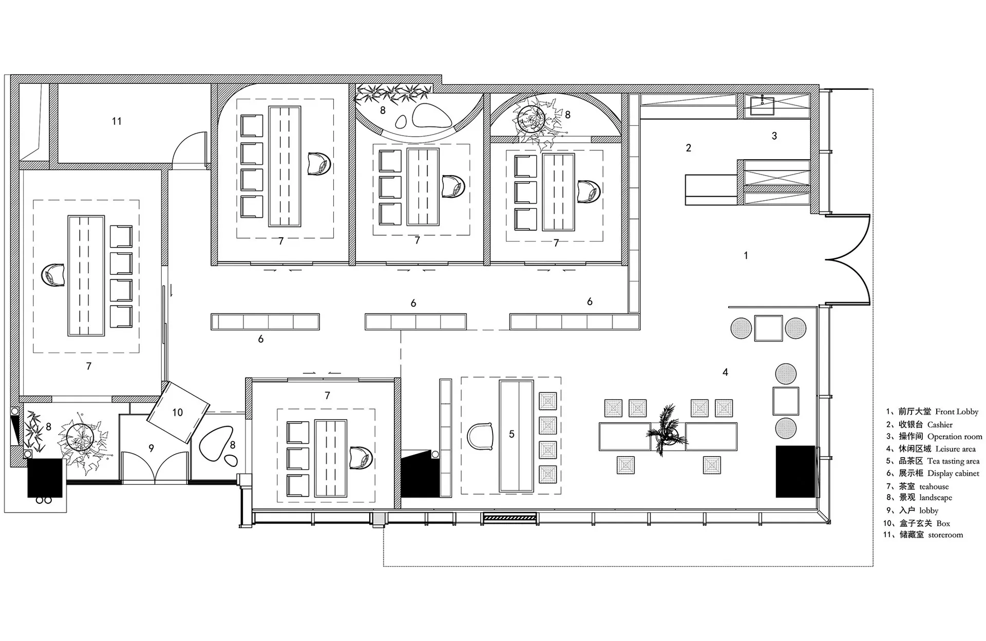 現代建築的 2D 平面圖，線條乾淨、色調中性，大量運用混凝土與玻璃，充裕自然光線，營造精緻氛圍