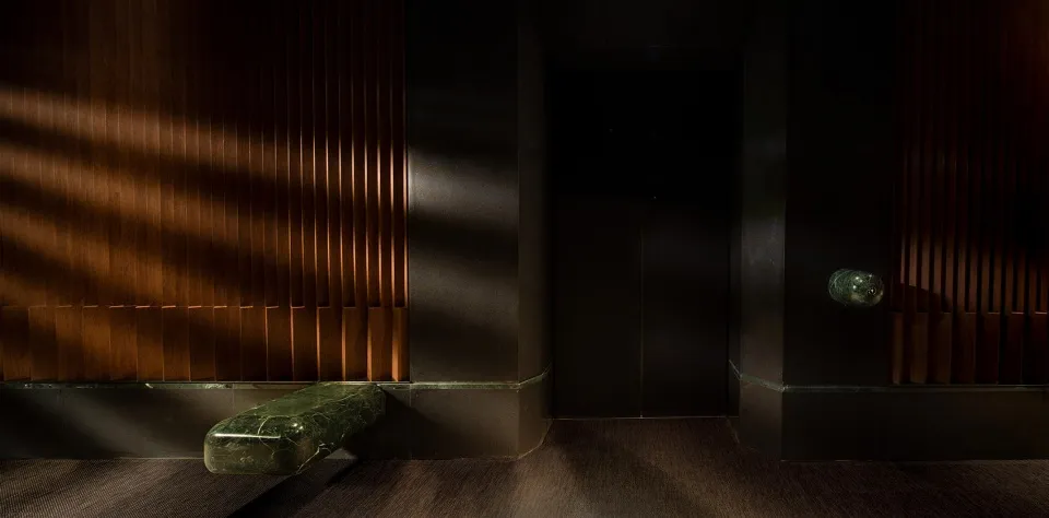 Dark hallway with wood panelled walls, two doors, and low lighting