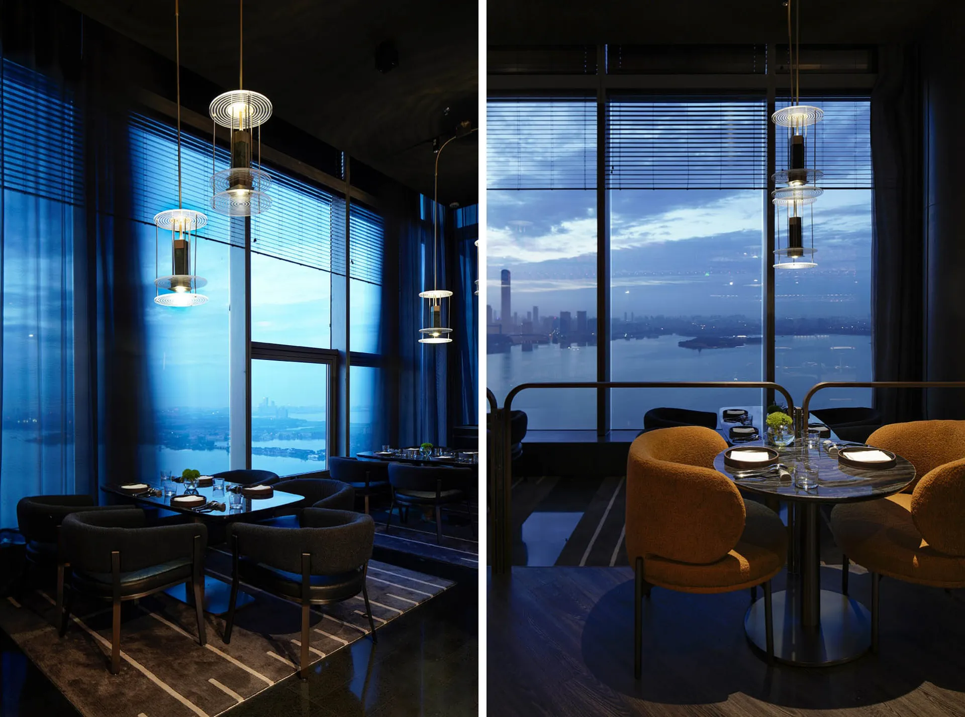 Modern hotel lobby with wood flooring, large windows, and natural light, featuring a dining area and lounge seating with potted plants