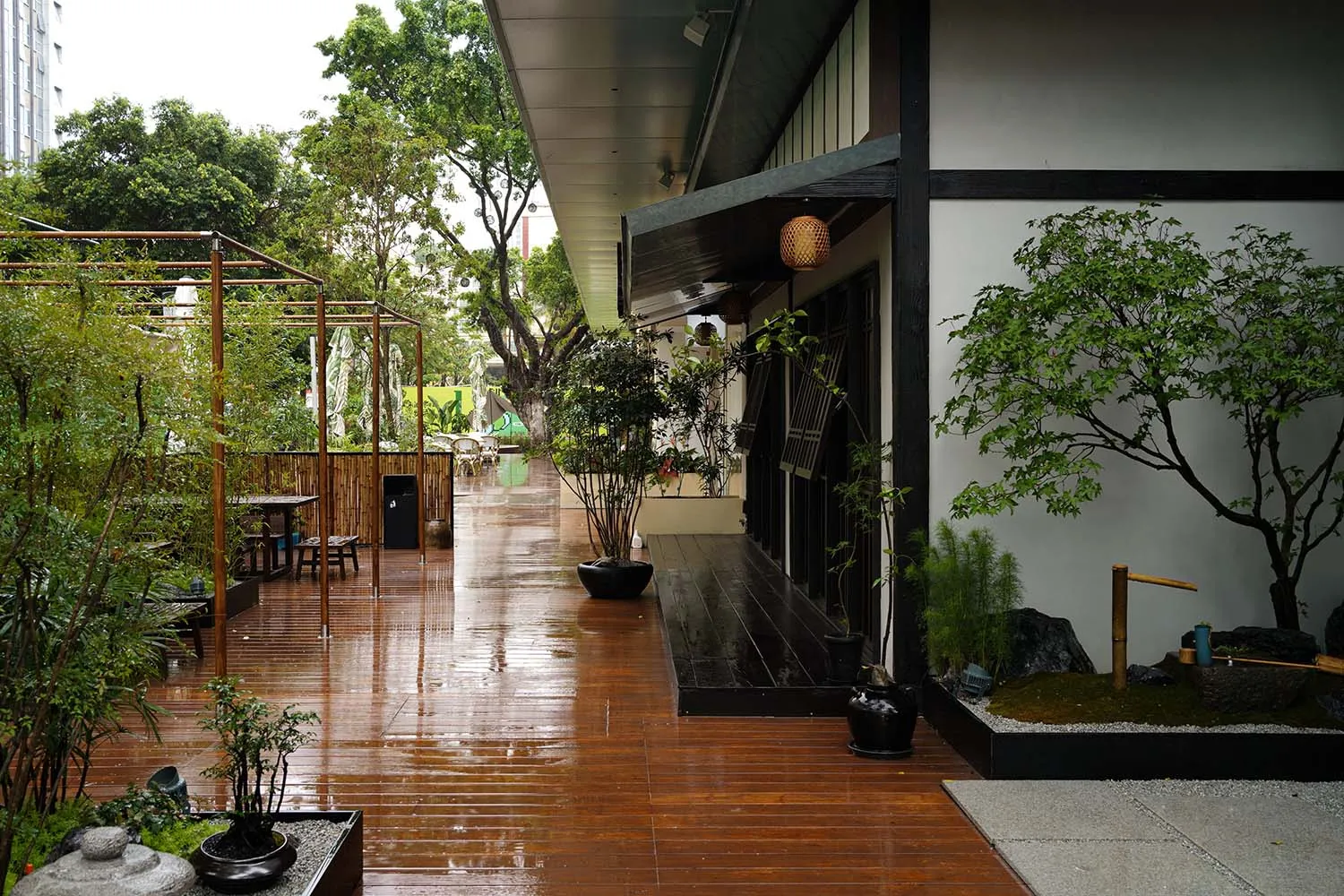 Asian-style building with wooden floors, a patio area, and natural light from a large window, surrounded by potted plants and multiple chairs