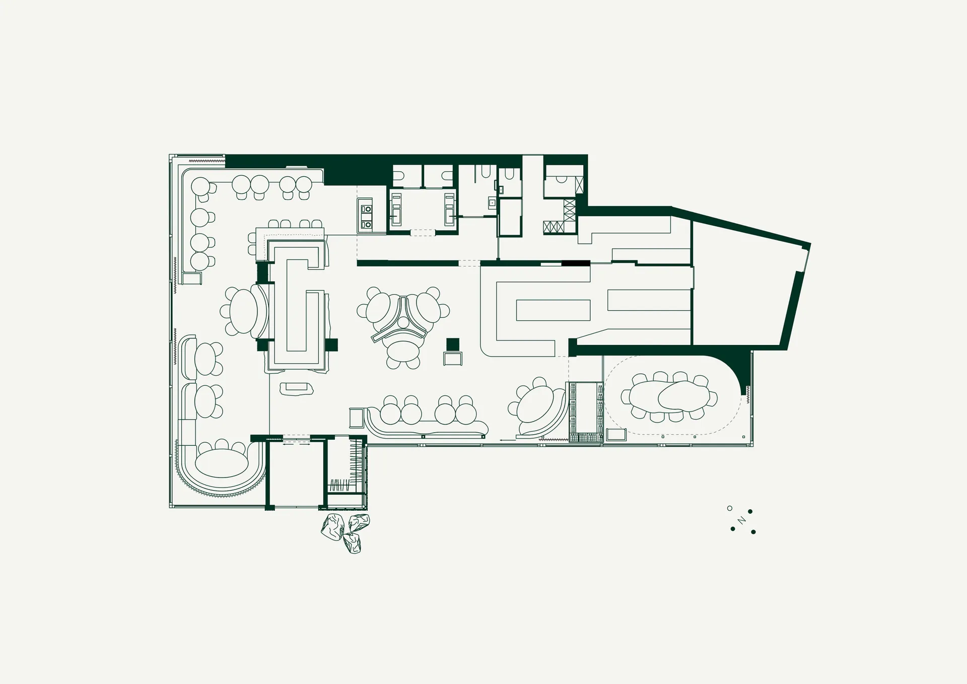 A well-designed living area with couches, chairs, and dining tables, creating a comfortable and inviting atmosphere
