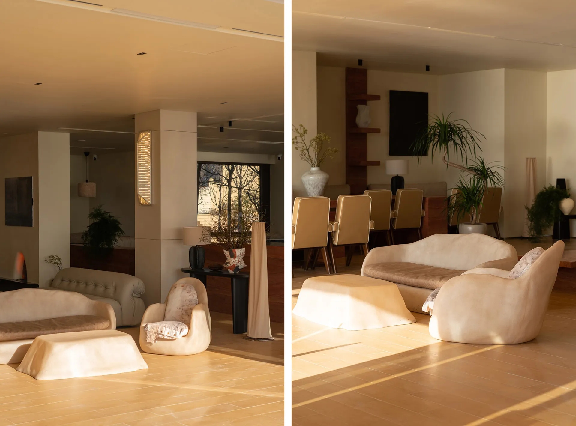 Open living space with hardwood floors, white walls, and potted plants, featuring a dining table and comfortable seating