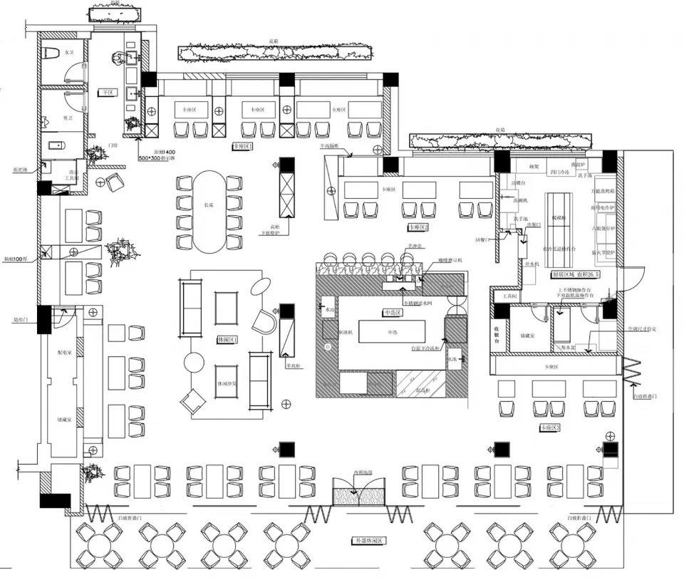 2D floor plan of a modern space with clean lines, minimalistic design, and neutral tones, featuring multiple dining tables and chairs, with natural and artificial light sources