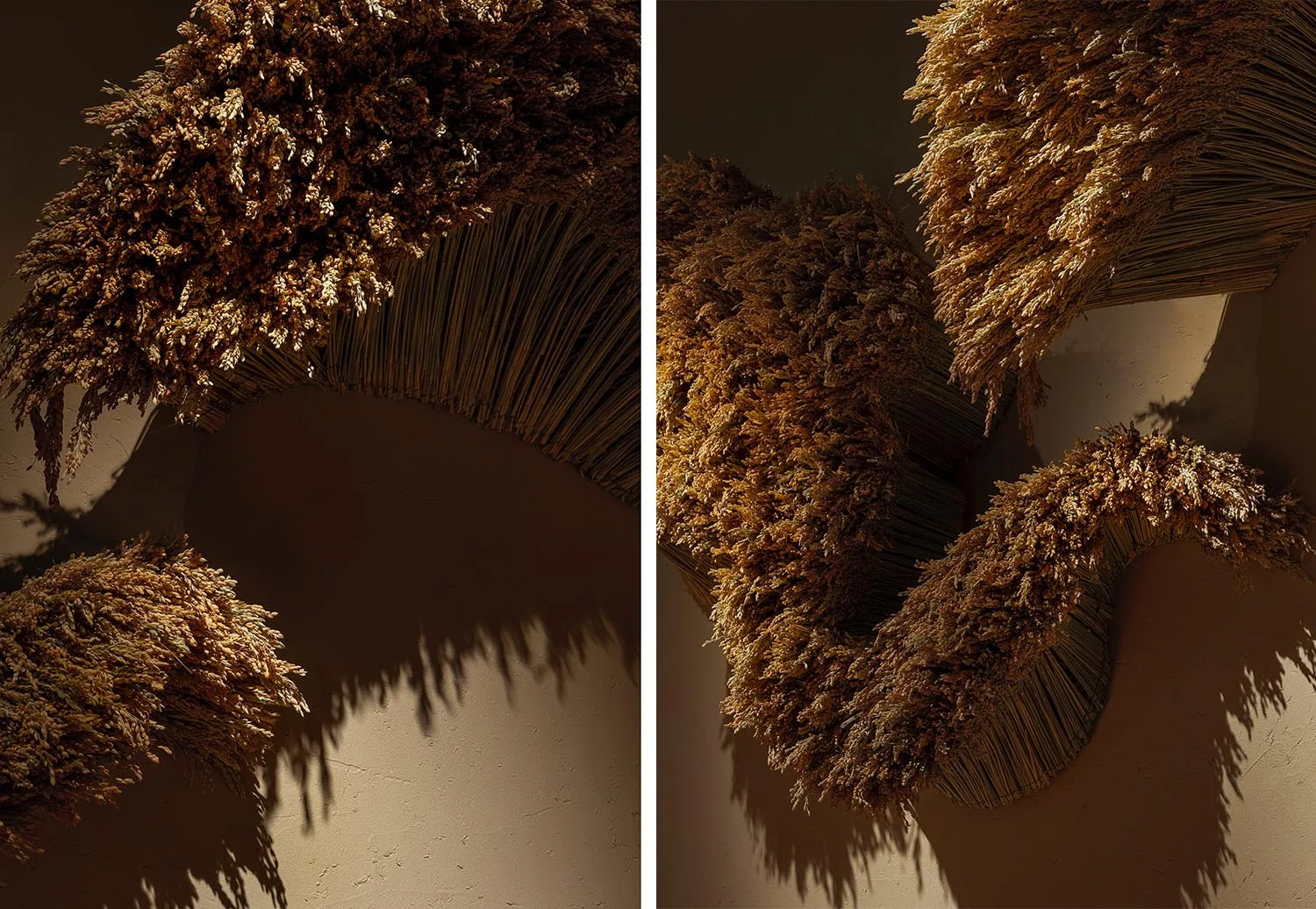 A unique art installation featuring a large piece of straw or hay hanging on a wall, with a striking visual effect and mysterious atmosphere