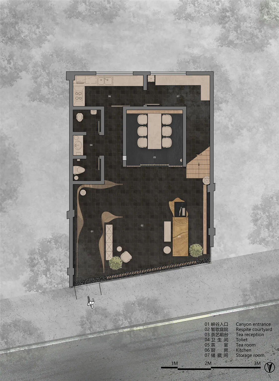 A warm and inviting home interior with wooden floors and walls, featuring a living room, dining area, kitchen, and bedroom, with chairs and potted plants adding to the cozy atmosphere