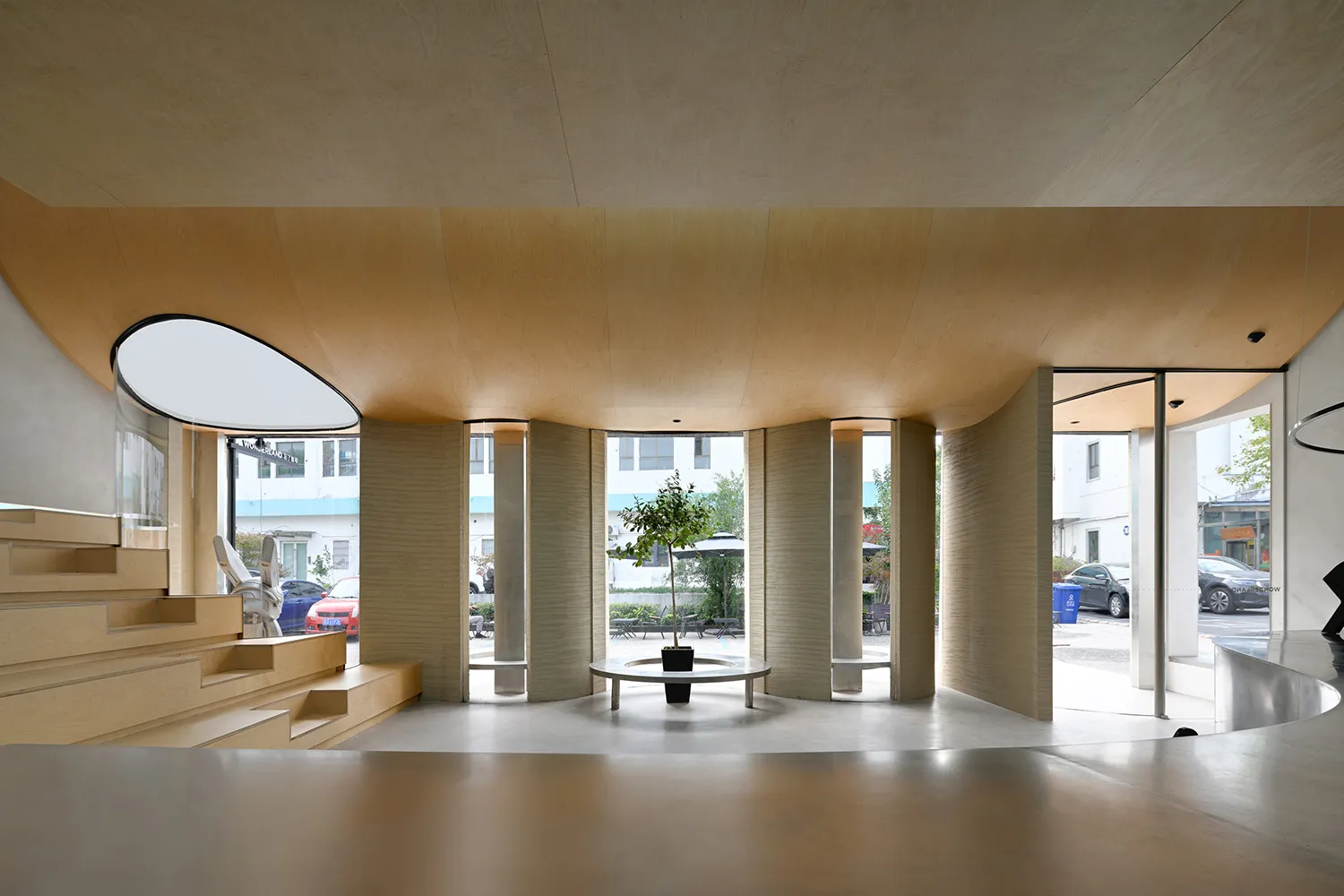 Warm and inviting interior space with wooden walls, two windows, a bench, and a potted plant