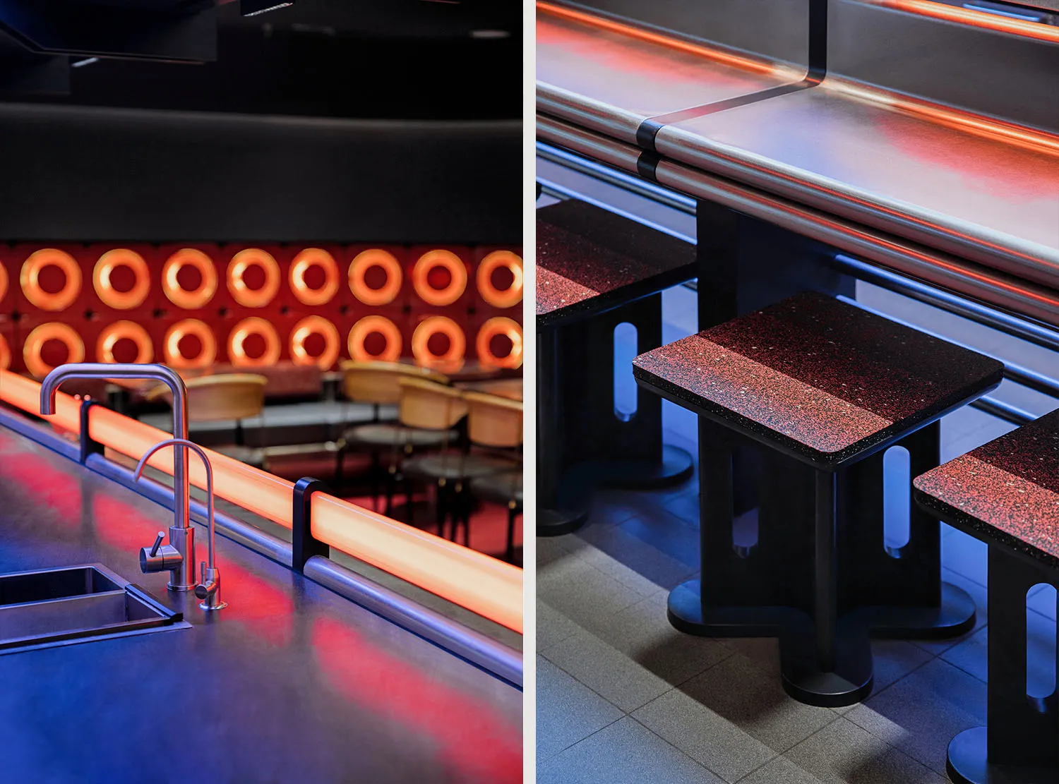 Modern restaurant interior with dining tables, chairs, a bar area, and red accents