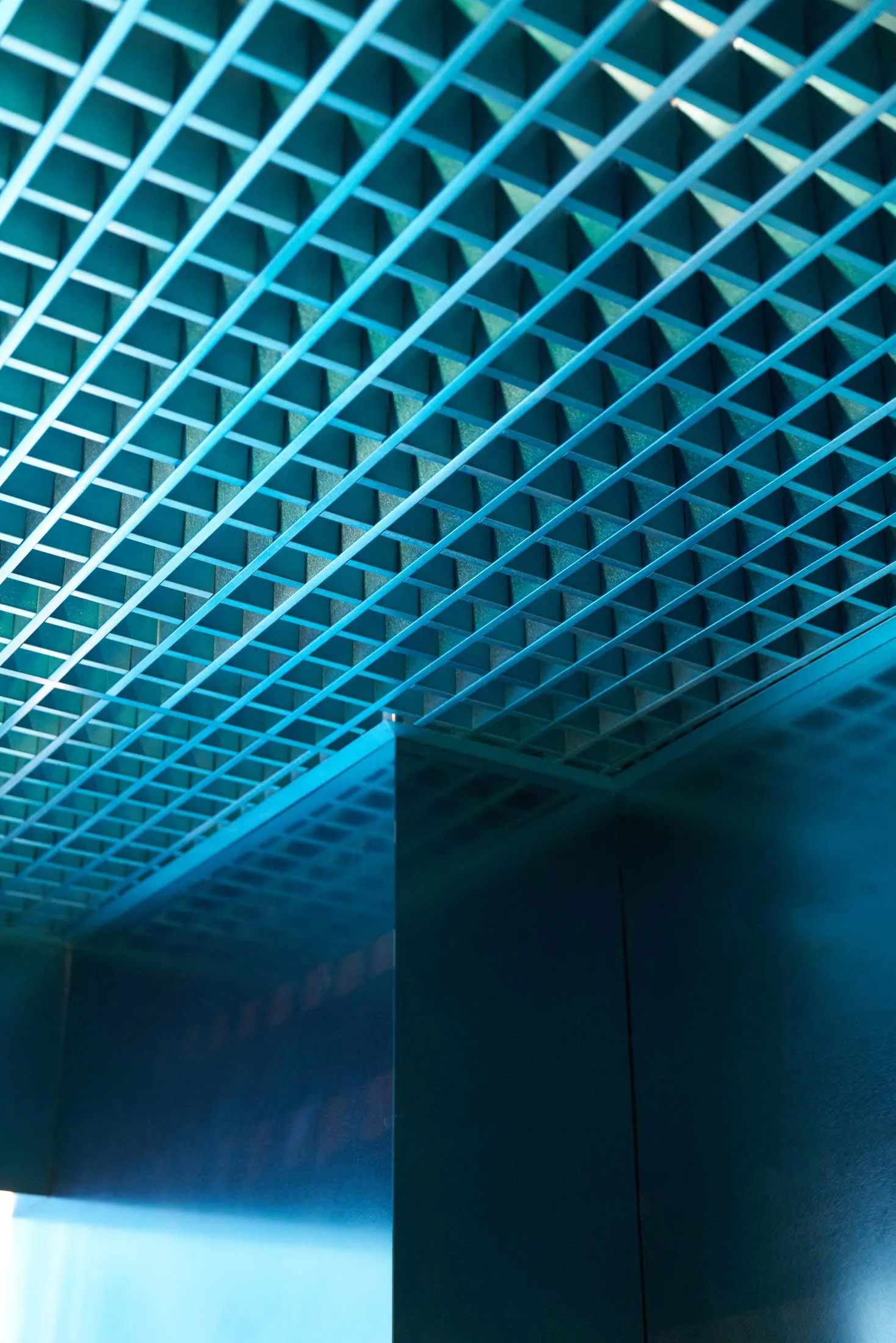Modern room with a large blue wall featuring a checkered pattern, metal walls, and two doors, creating a stylish and sophisticated atmosphere
