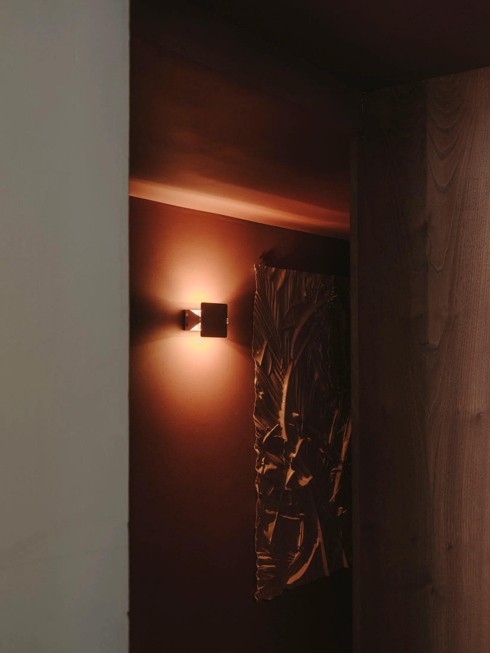 Dark hallway with wood walls, lit by two lights on either side of a door
