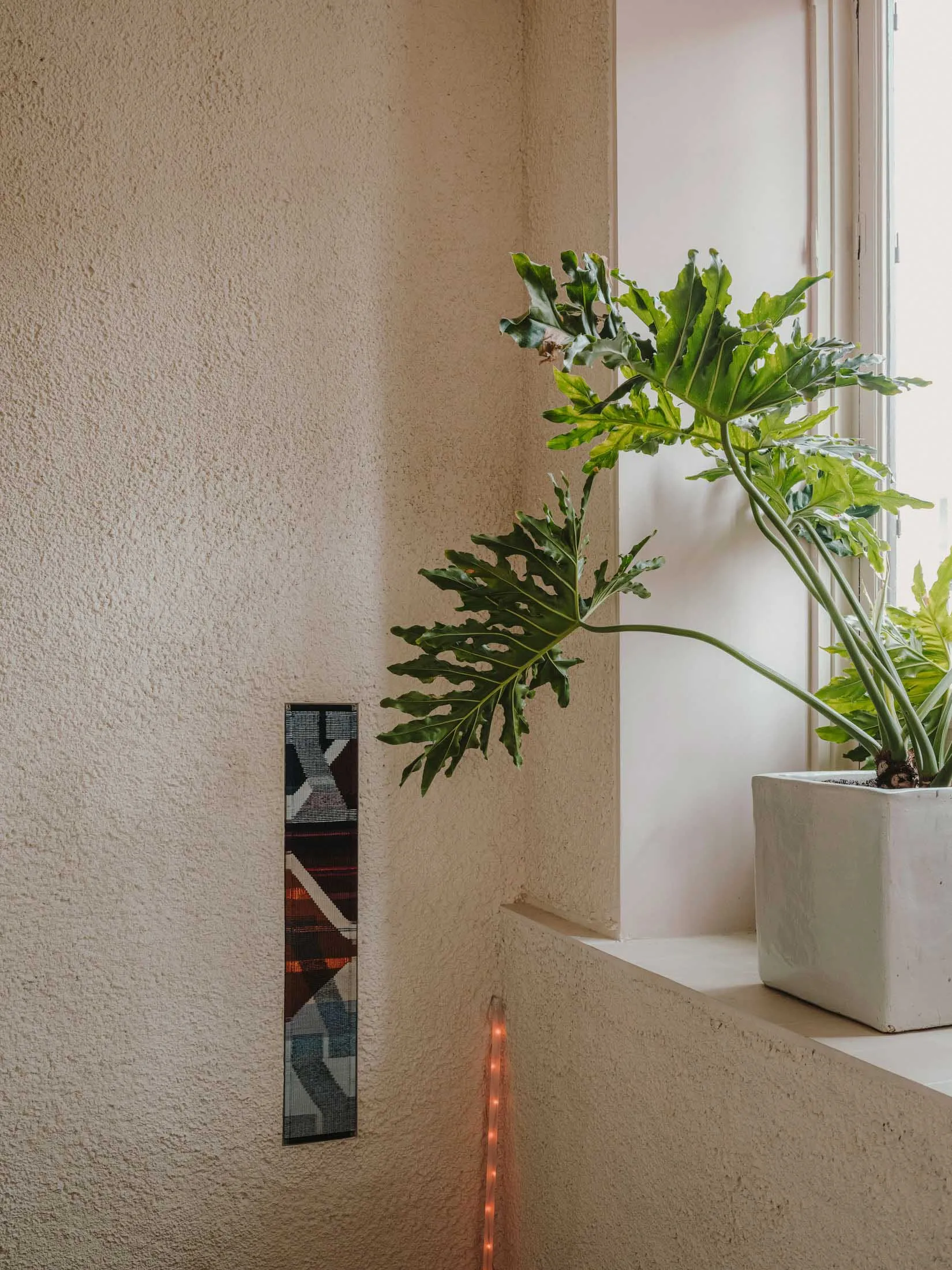 A cozy indoor space with a white vase and two thriving potted plants on a window sill, suggesting a peaceful living environment
