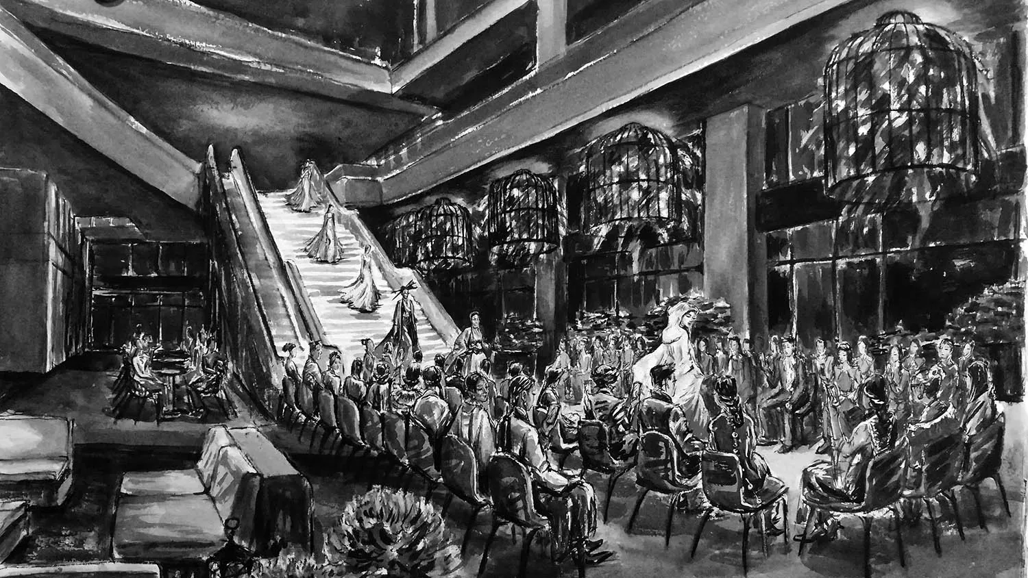 A black and white drawing of a large auditorium filled with people seated in chairs, creating a sense of depth and dimension
