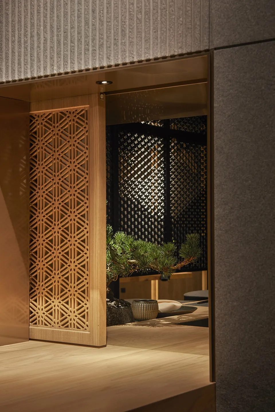 Warm and inviting interior design with wooden walls and floors, featuring potted plants and decorative vases