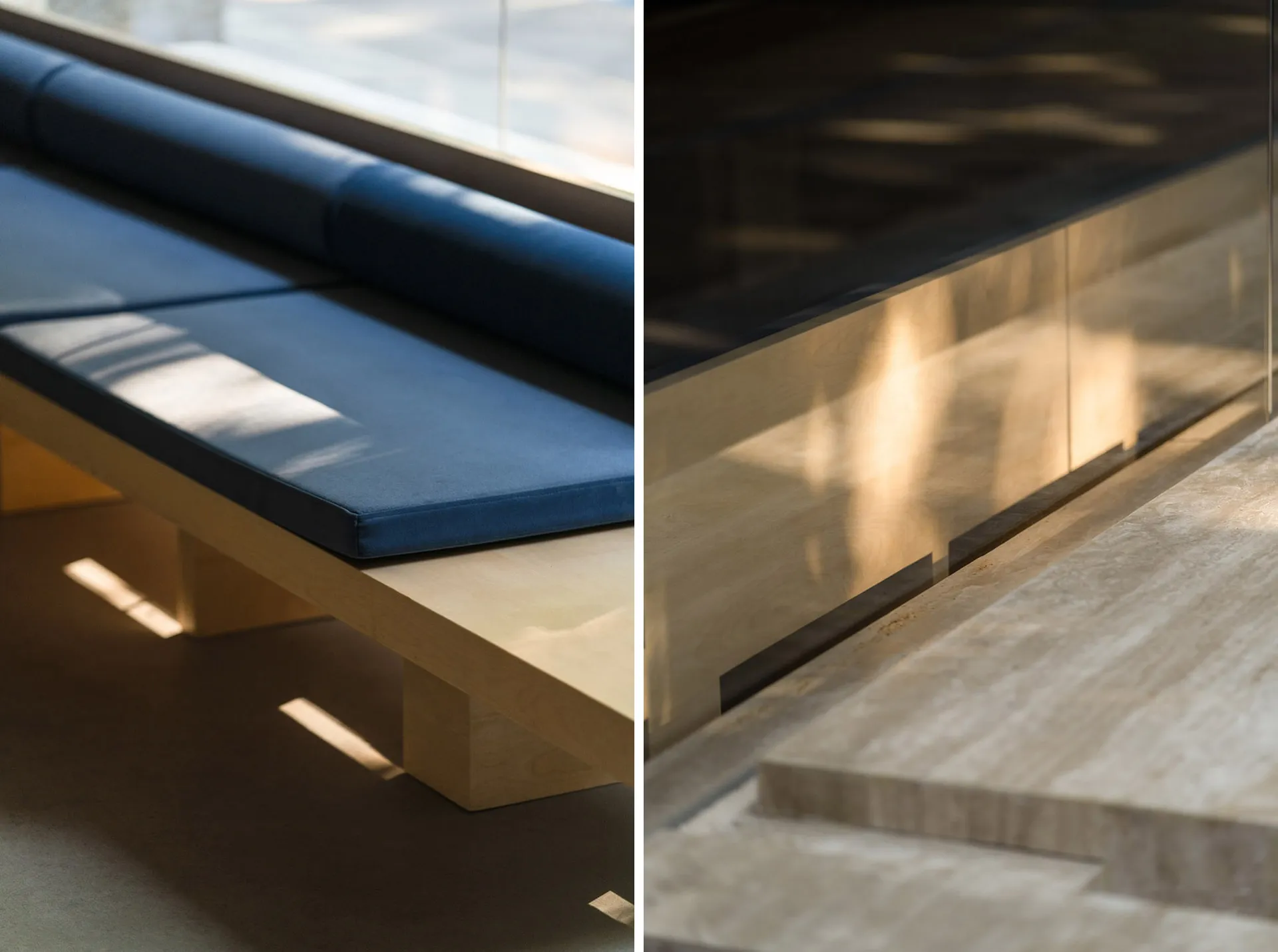 Two benches, one made of wood and one of stone, placed on a concrete floor in a room