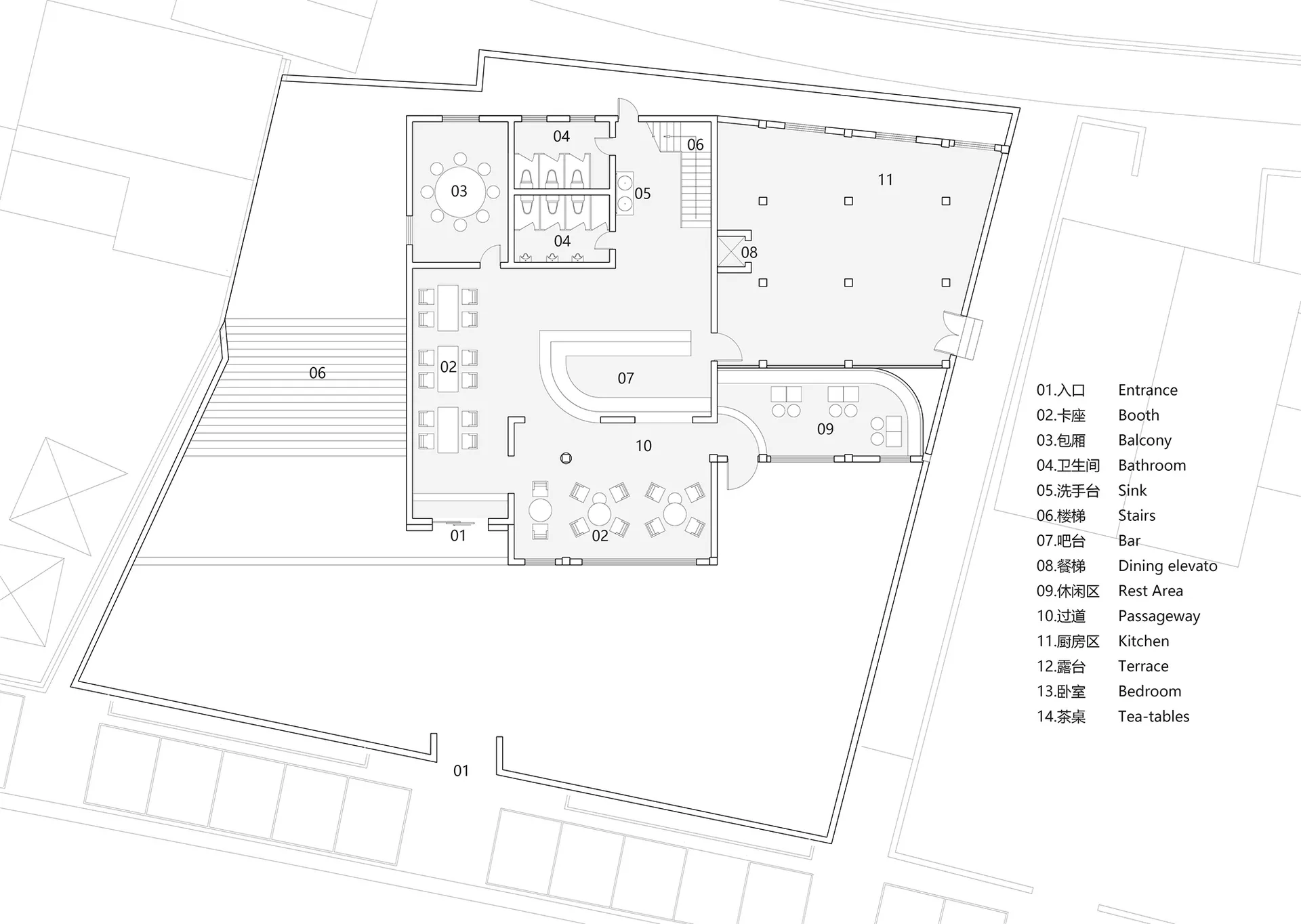 Black and white floor plan of a hotel with various rooms, including a lobby and dining area, featuring concrete and wood materials
