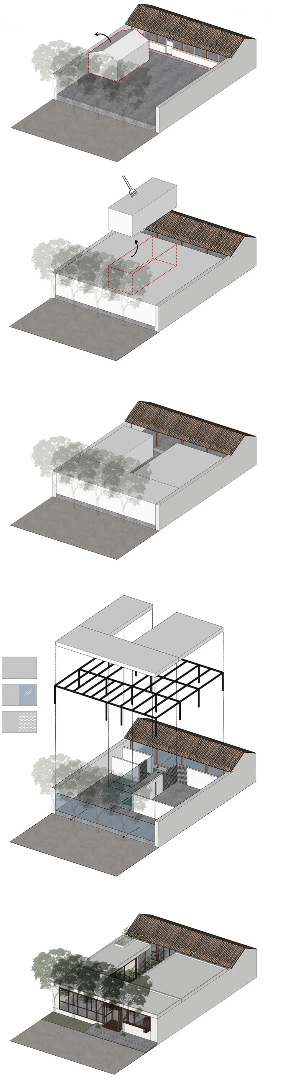 Architectural drawing of a modern house with a patio area, featuring walls, windows, doors, and furniture, rendered in a daytime setting