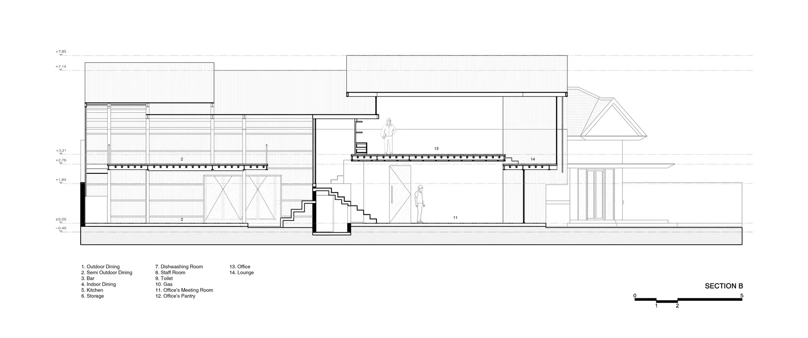 Architectural drawing of a modern building with various rooms and hallways, featuring clean lines and minimalistic design elements