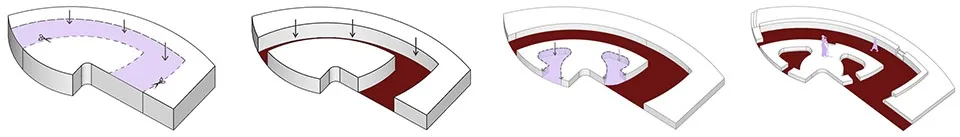 A modern minimalist home with a top-down view of various rooms including a dining area, living room, and kitchen, with clean lines and simple shapes, well-lit by natural sunlight