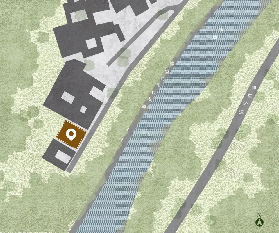 A rendered scene of a building near a river with a mix of gray and brown tones, giving it an aged appearance