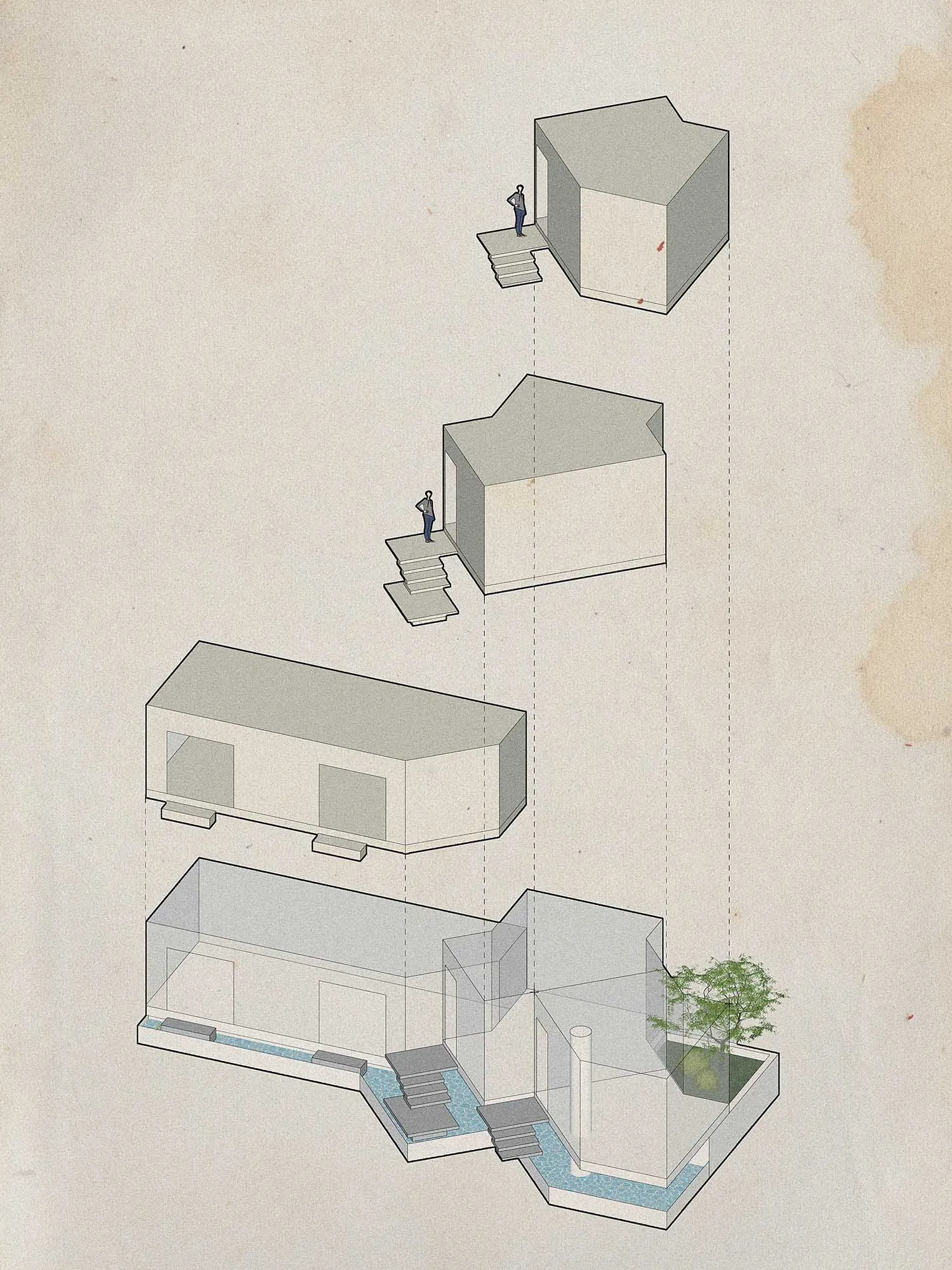 2D floor plan of a modern building with various levels, stairs, doors, and windows
