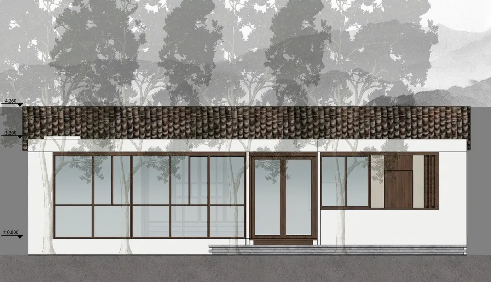 A rendered image of a house with a wooden exterior, large window, and natural surroundings, suggesting a bright and welcoming interior