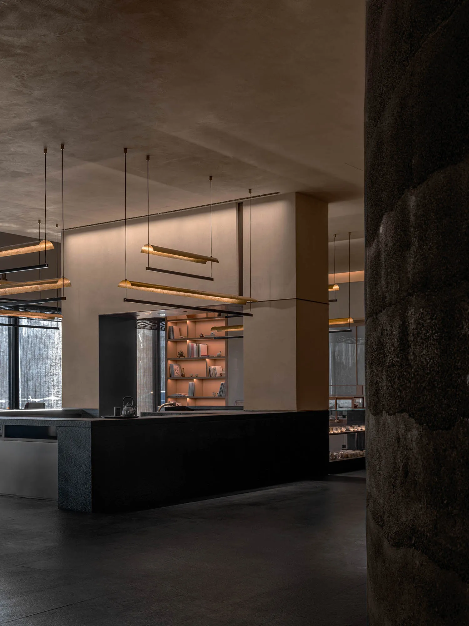 Open modern living space with black cabinets, a dining table, and books on surfaces, giving a lived-in feel