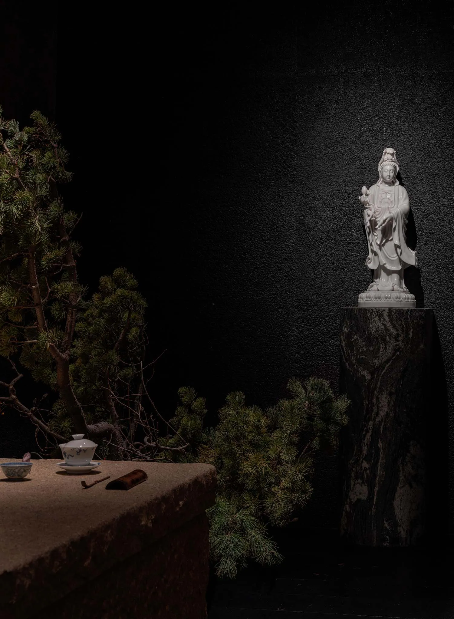 A calm indoor space with a statue on display in front of a black wall, surrounded by potted plants and a cup on a nearby surface
