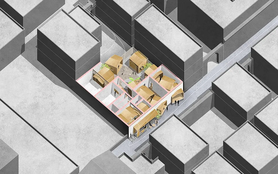 溫馨的室內空間，內含一座木屋建築，設有客廳、餐廳與臥室，多人共處，氛圍溫暖舒適