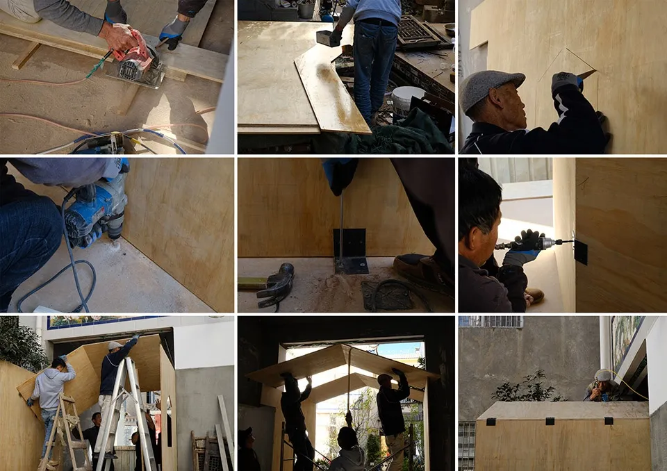 Construction workers on a wooden wall, observing and working on the panels, collaborative atmosphere