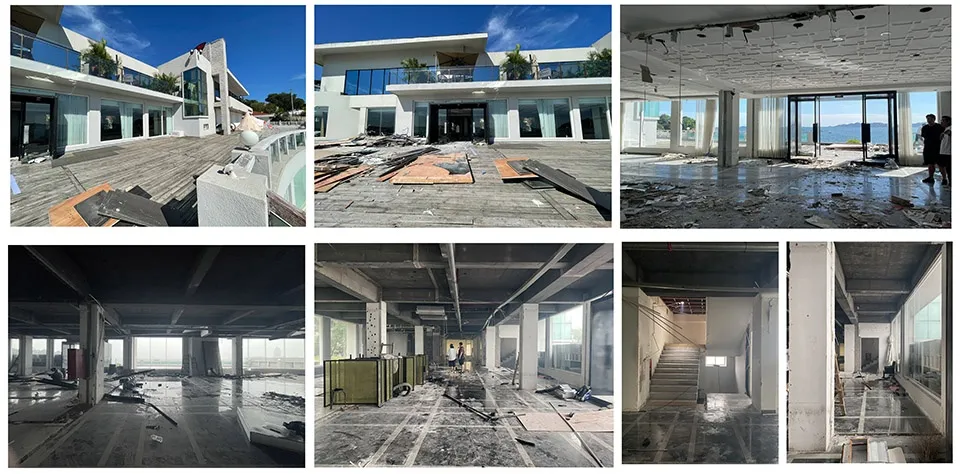 Photos of a construction site with people working, tools, and materials like wood and metal, suggesting renovation or restoration work