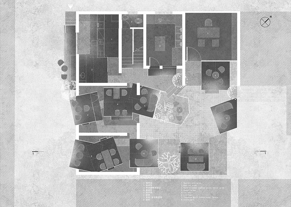黑白建築場景的住宅融合多種風格，包含客廳、餐廳、廚房與臥室，營造簡約優雅氛圍