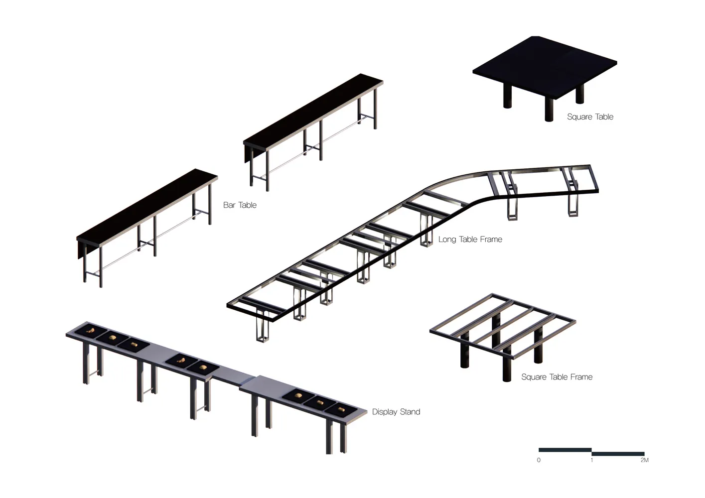 A display of tables with different shapes and sizes, accompanied by descriptions of their features, such as number of legs, height, and presence of a bar