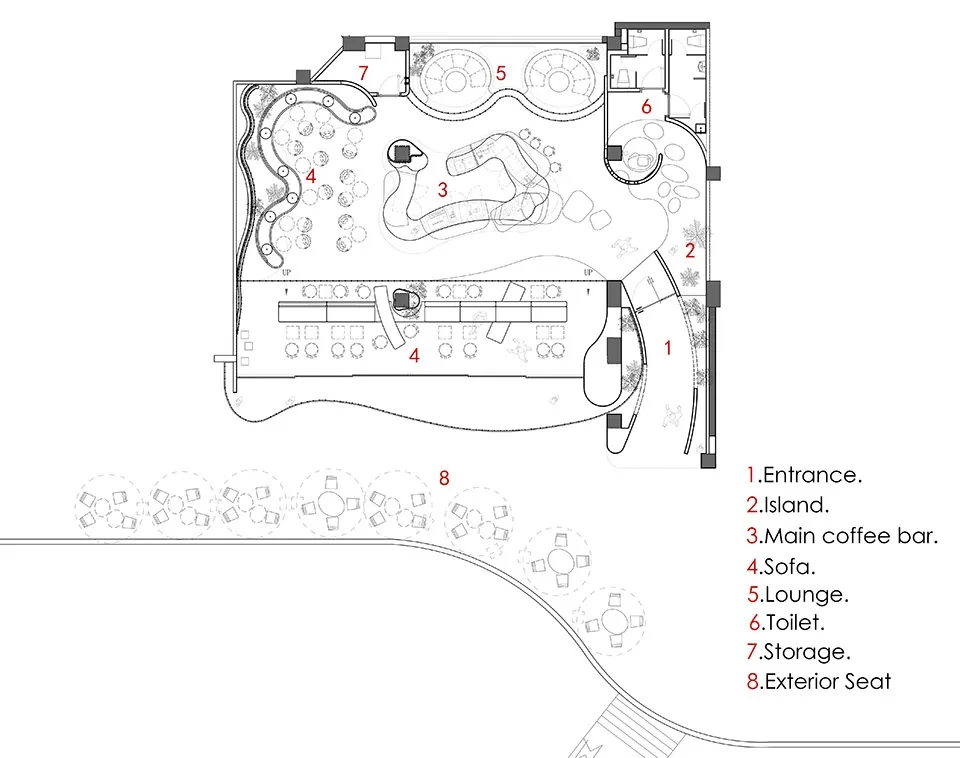 2D floor plan of a spacious building featuring multiple seating areas, dining tables, and two pools, with various amenities and labels