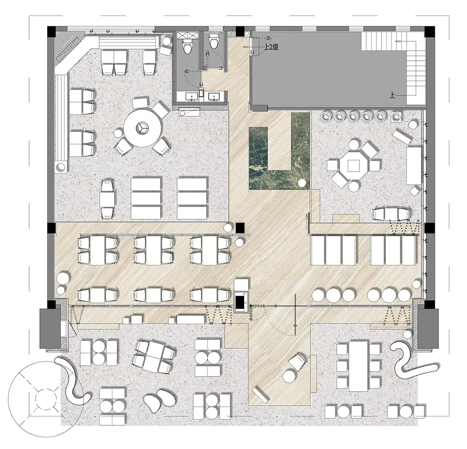 Comprehensive floor plan of a large building with diverse styles and materials, featuring chairs and various rooms