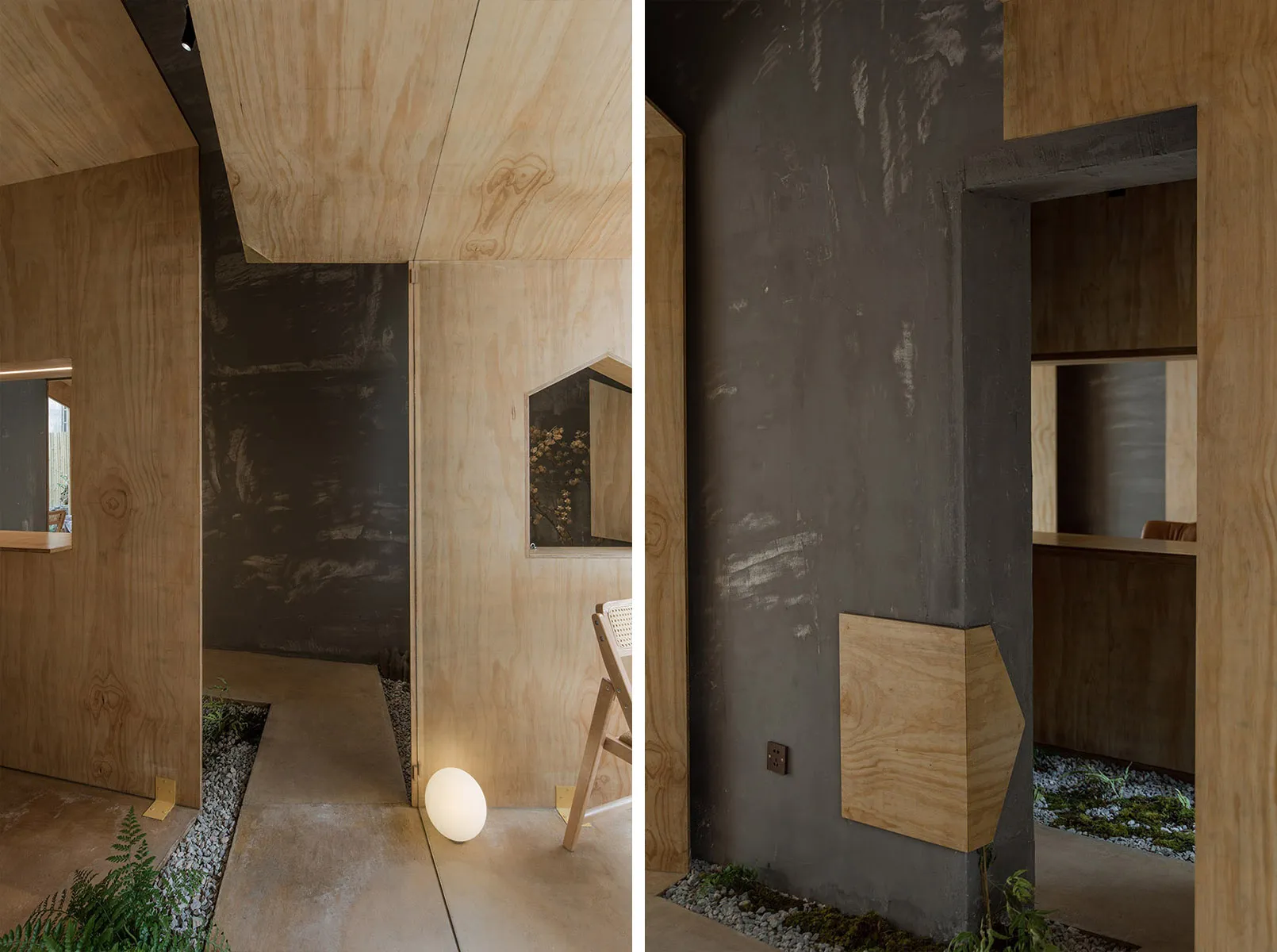 Modern interior design concept featuring a dining area with a wooden table and chairs, and a bedroom area with a bed and chair, both with a warm and cozy atmosphere and wooden walls
