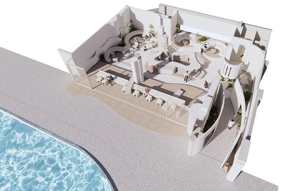A serene pool area with a large white building in the background, surrounded by chairs and lush greenery